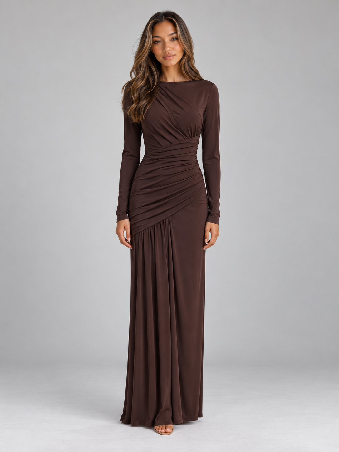 Women’s Ruched Maxi Dress – Long Sleeve Draped Evening Gown