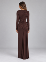 Women’s Ruched Maxi Dress – Long Sleeve Draped Evening Gown