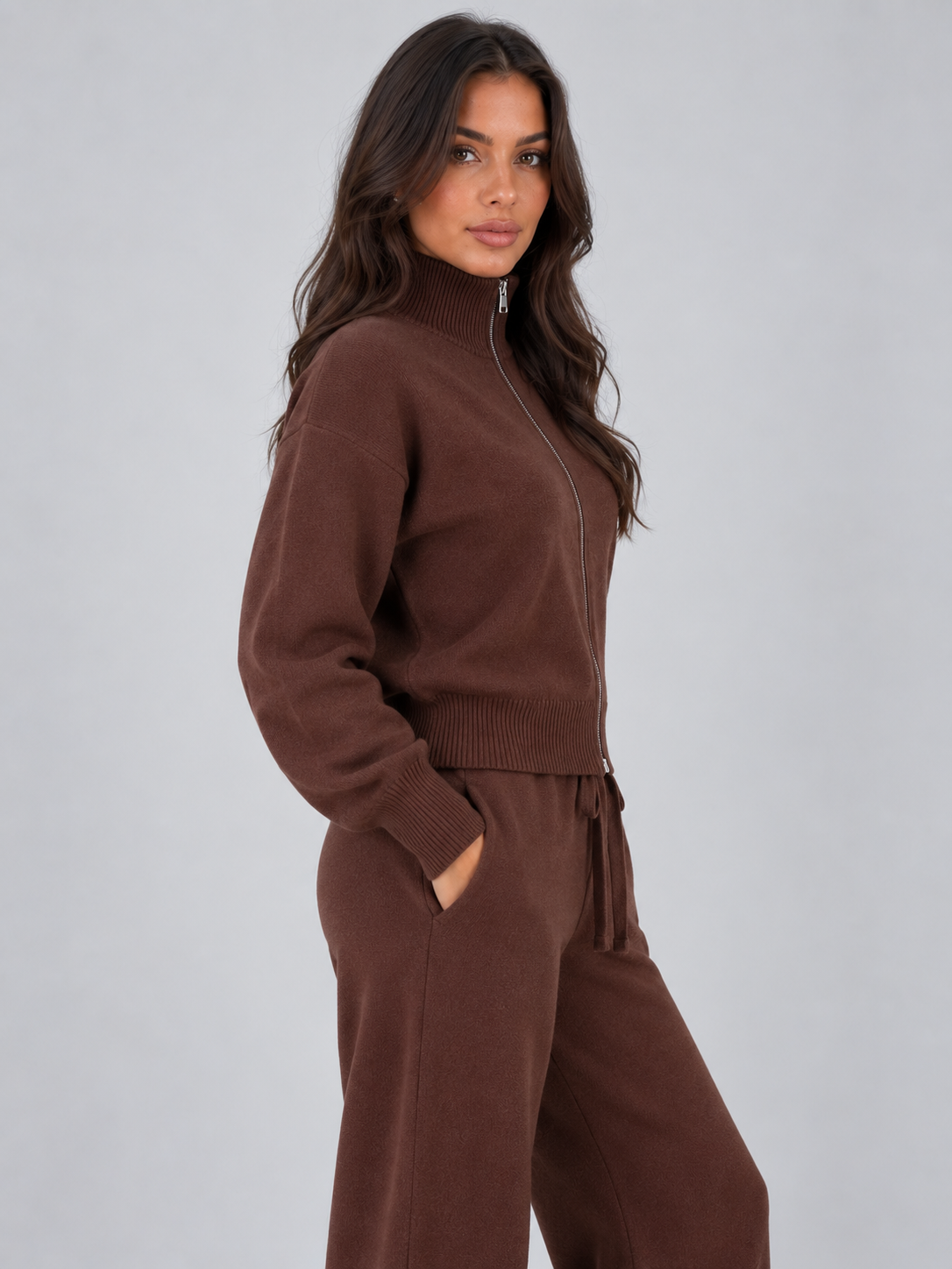 Women’s Knit Co-Ord Set – Zip Neck Jumper & Wide Leg Trousers