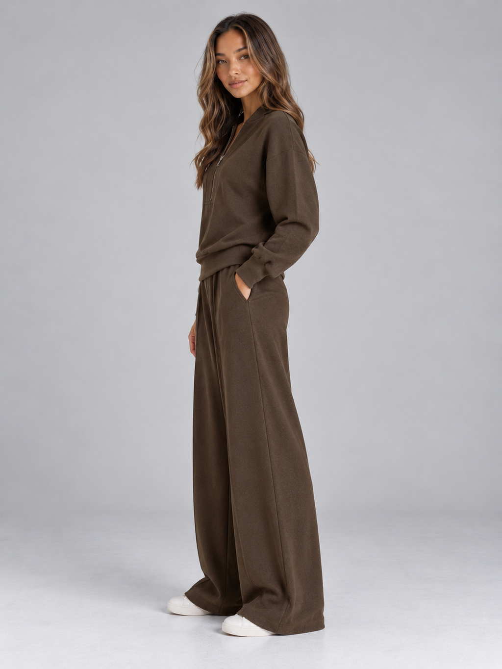 Women’s Half Zip Knit Co-Ord Set – Wide Leg Trousers Two-Piece Outfit