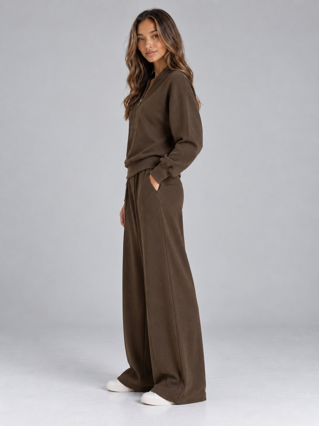 Women’s Half Zip Knit Co-Ord Set – Wide Leg Trousers Two-Piece Outfit