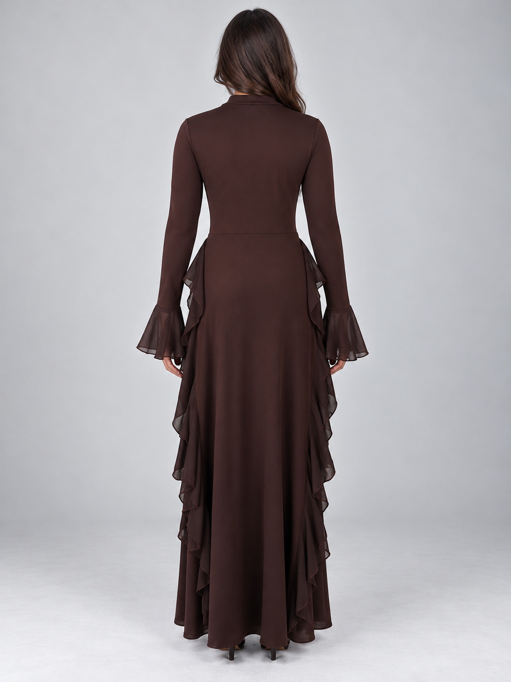 Women’s Ruffle Maxi Dress – High Neck Long Sleeve Evening Gown
