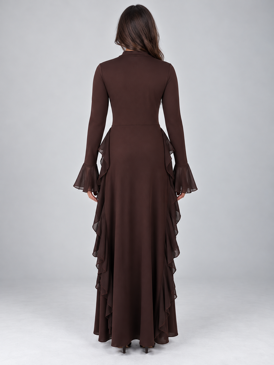 Women’s Ruffle Maxi Dress – High Neck Long Sleeve Evening Gown