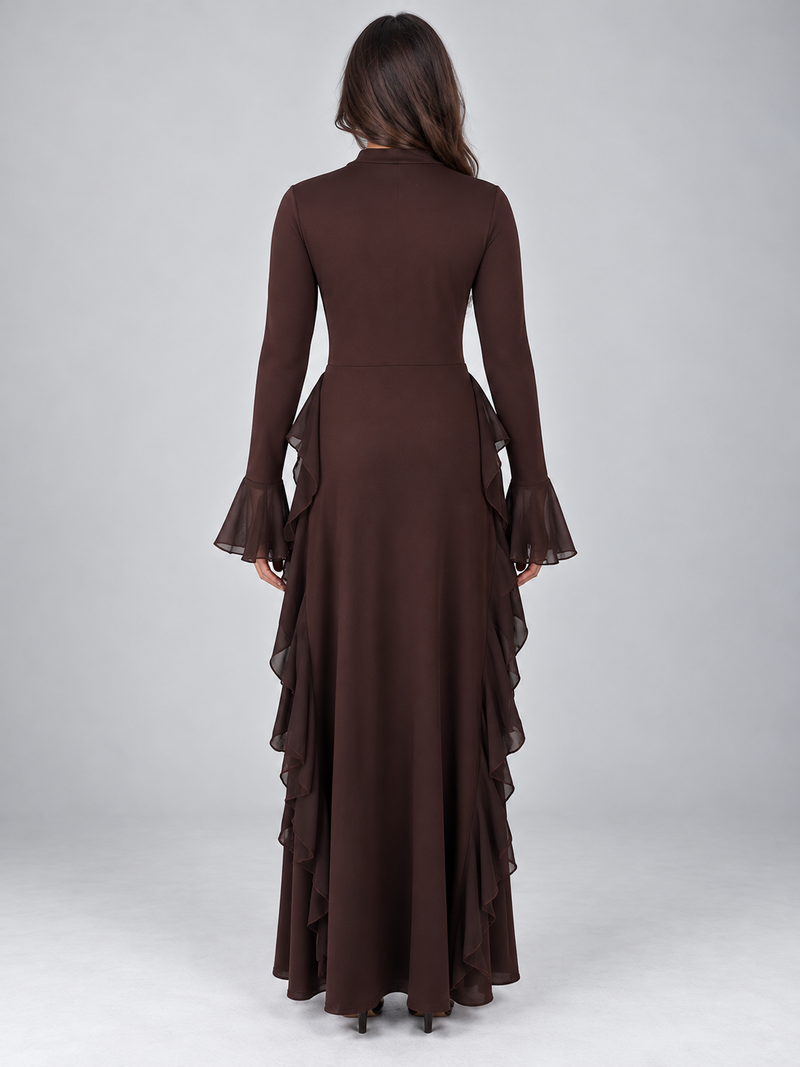 Women’s Ruffle Maxi Dress – High Neck Long Sleeve Evening Gown