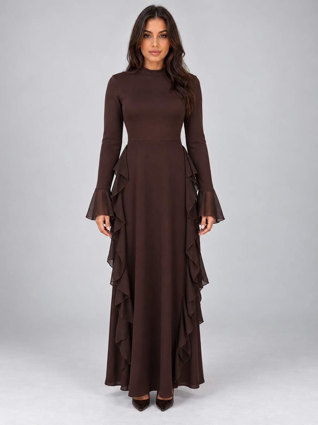 Women’s Ruffle Maxi Dress – High Neck Long Sleeve Evening Gown