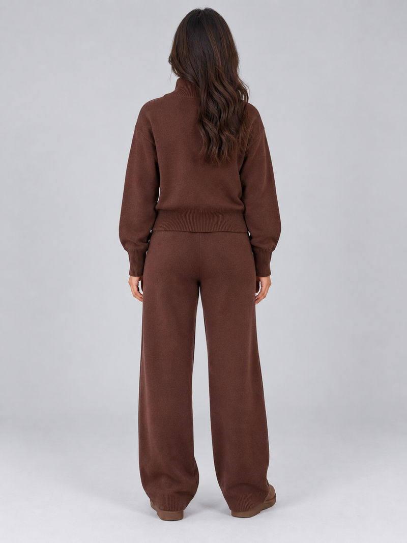 Women’s Knit Co-Ord Set – Zip Neck Jumper & Wide Leg Trousers