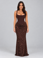 Women’s Sequin Corset Maxi Dress – Lace-Up Back Evening Gown