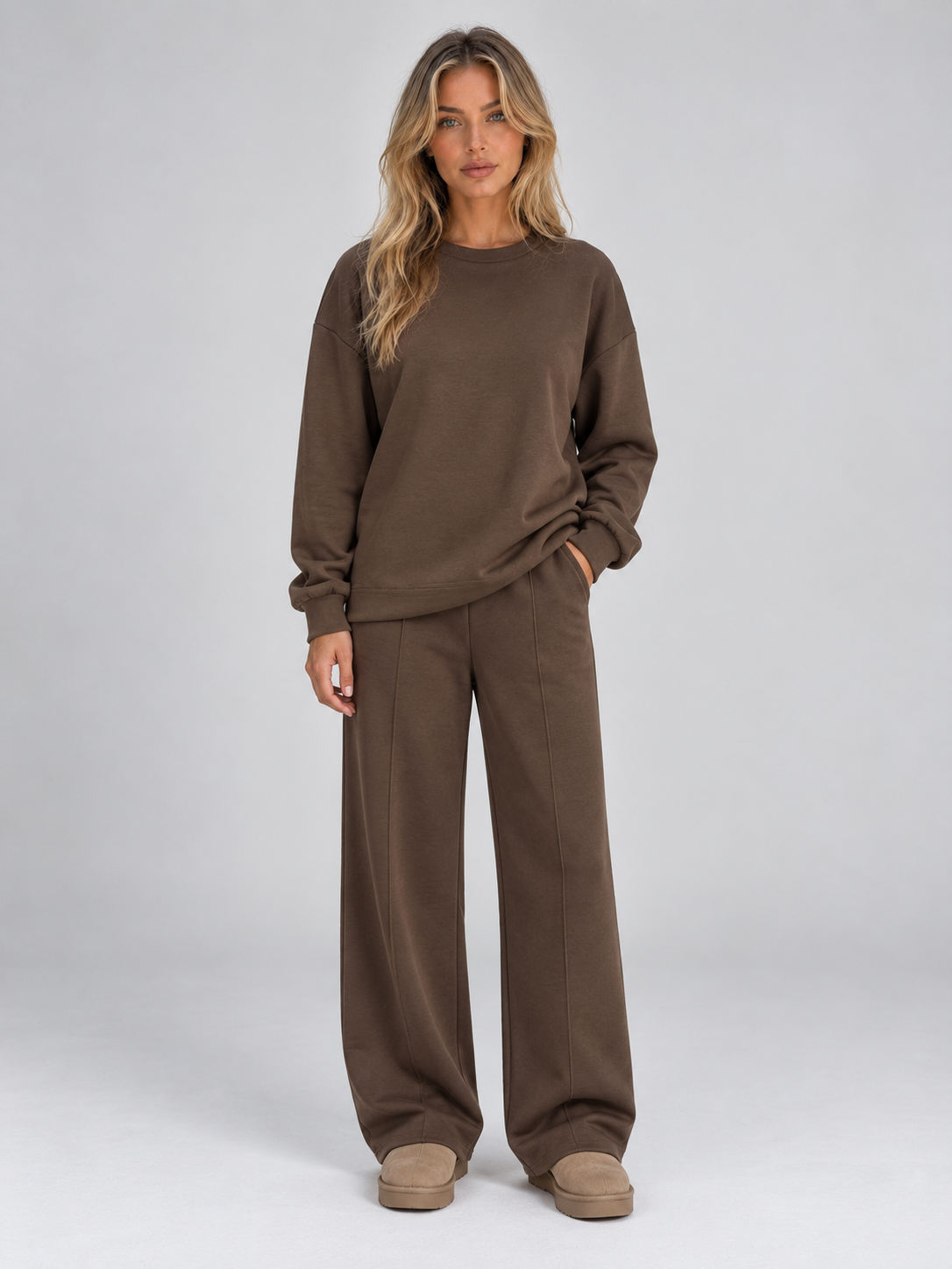 Women’s Sweatshirt Co-Ord Set – Crew Neck Top & Wide Leg