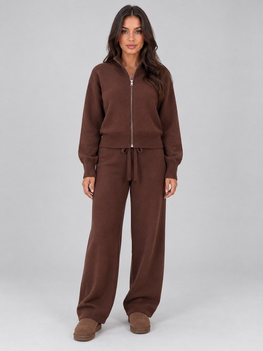 Women’s Knit Co-Ord Set – Zip Neck Jumper & Wide Leg Trousers