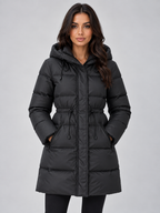 Women’s Longline Hooded Puffer Coat – Drawstring Waist Padded Winter Jacket