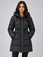 Women’s Longline Hooded Puffer Coat – Drawstring Waist Padded Winter Jacket