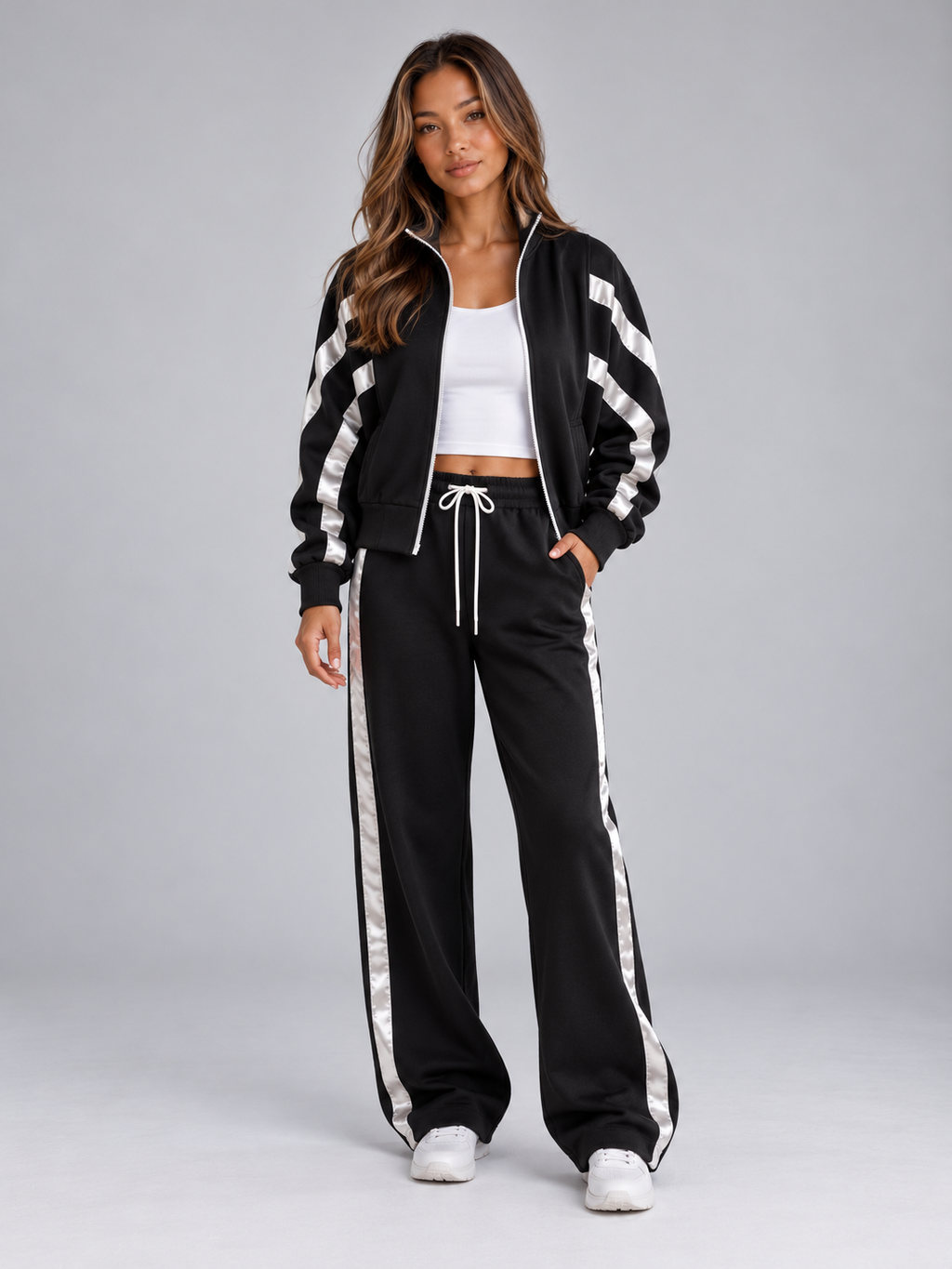 Women’s Zip Up Tracksuit Set – Striped Jacket & Wide Leg Joggers