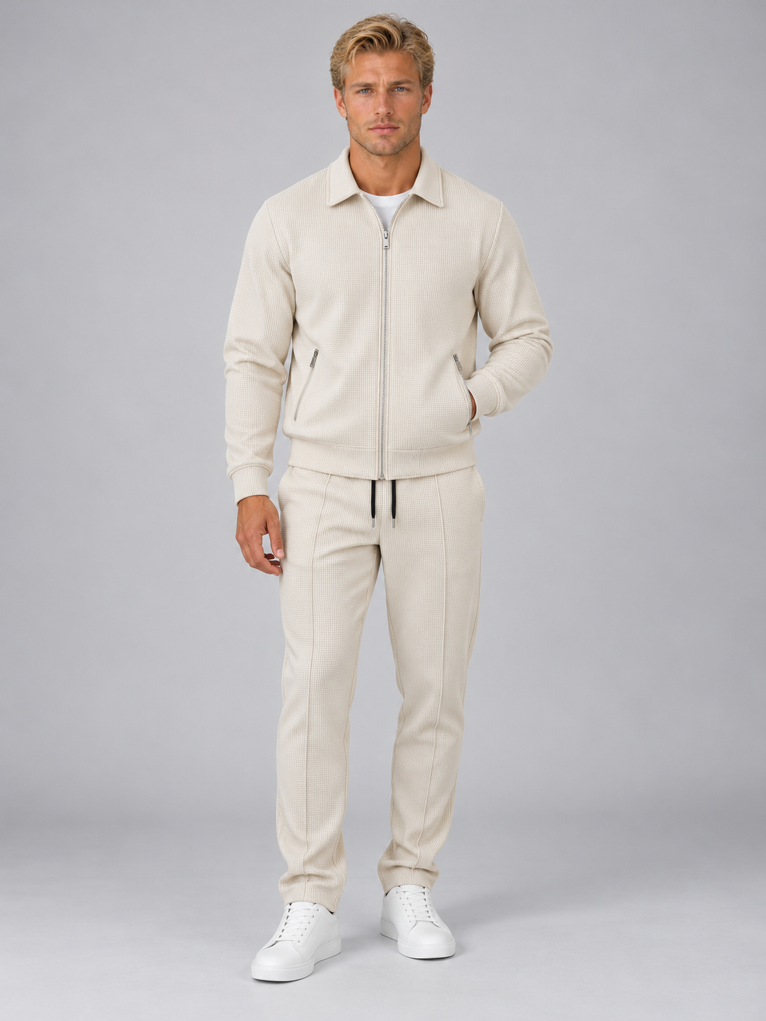 Men’s Textured Full Zip Tracksuit Set