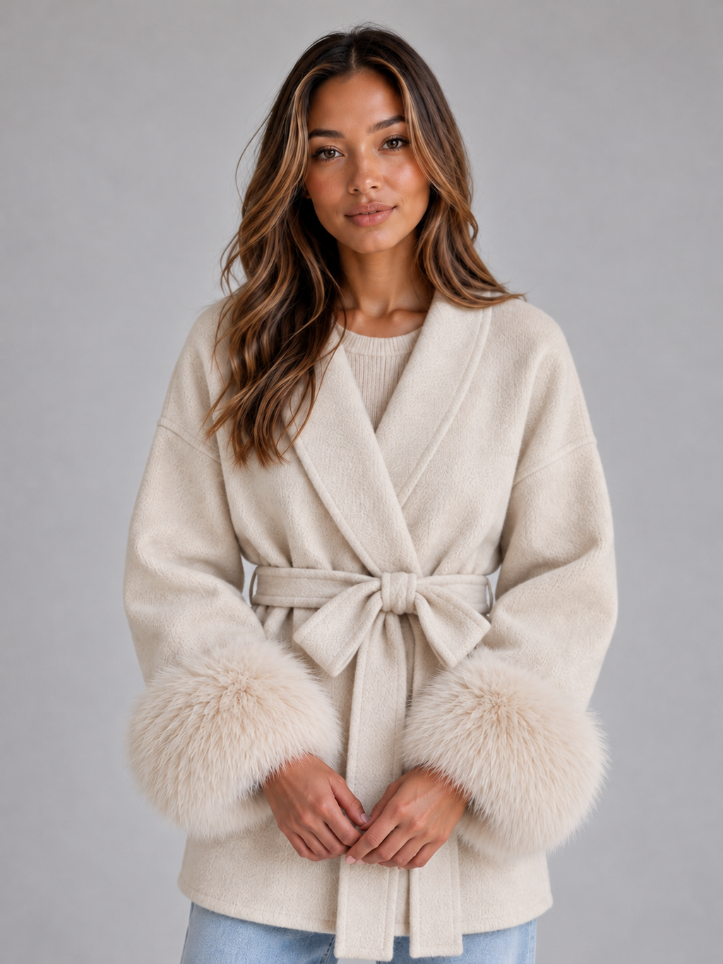 Women's Belted Wool Blend Coat – Faux Fur Trim Wrap Coat