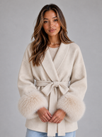 Women's Belted Wool Blend Coat – Faux Fur Trim Wrap Coat