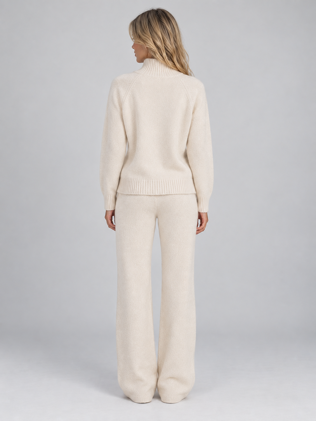 Women’s Wool Knit Co-Ord Set – Roll Neck Jumper & Wide Leg Trousers