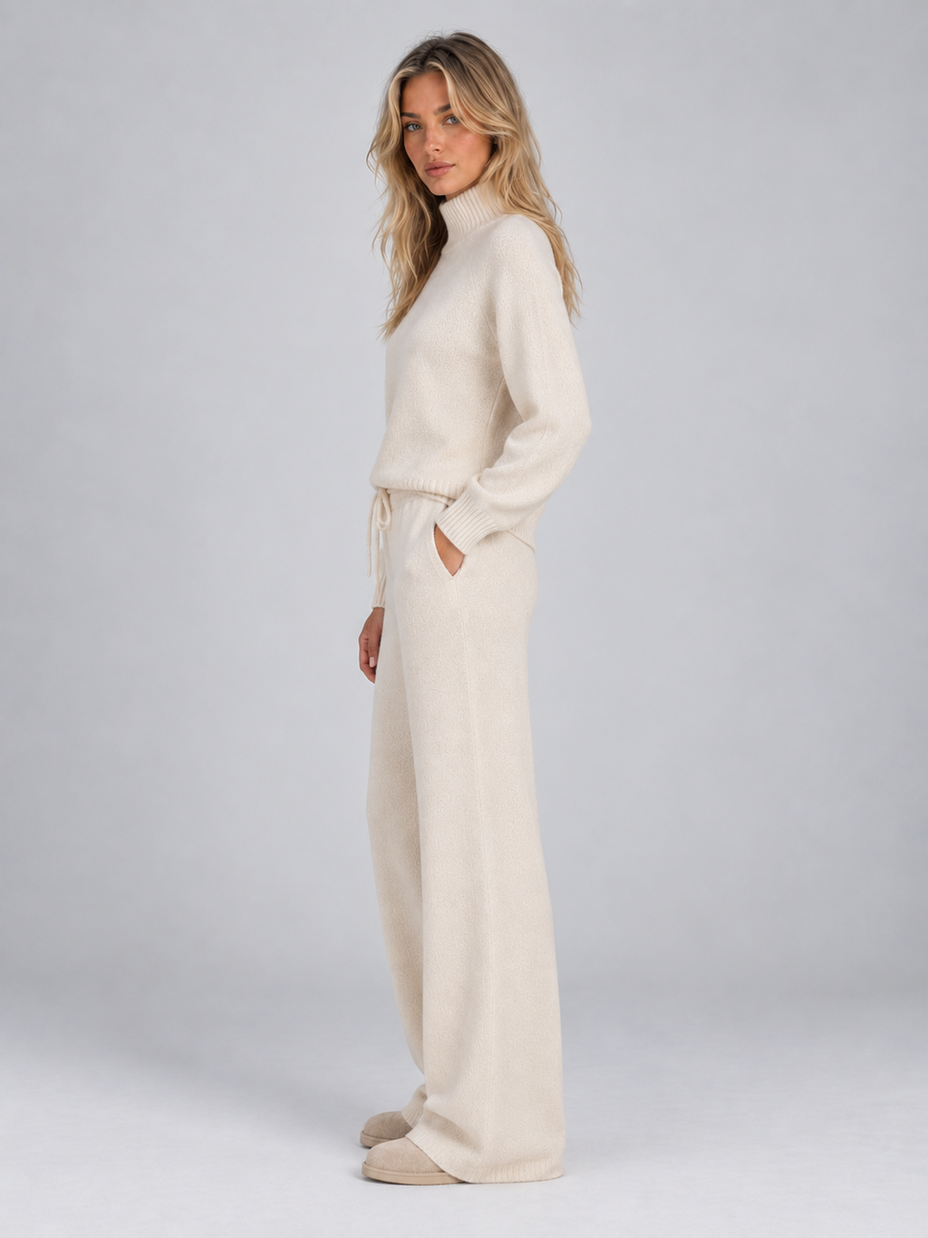 Women’s Wool Knit Co-Ord Set – Roll Neck Jumper & Wide Leg Trousers