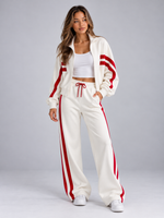 Women’s Zip Up Tracksuit Set – Striped Jacket & Wide Leg Joggers