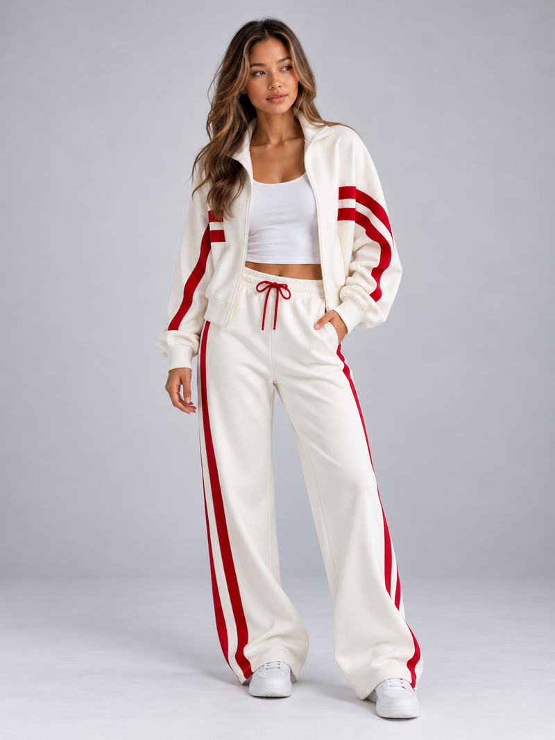 Women’s Zip Up Tracksuit Set – Striped Jacket & Wide Leg Joggers