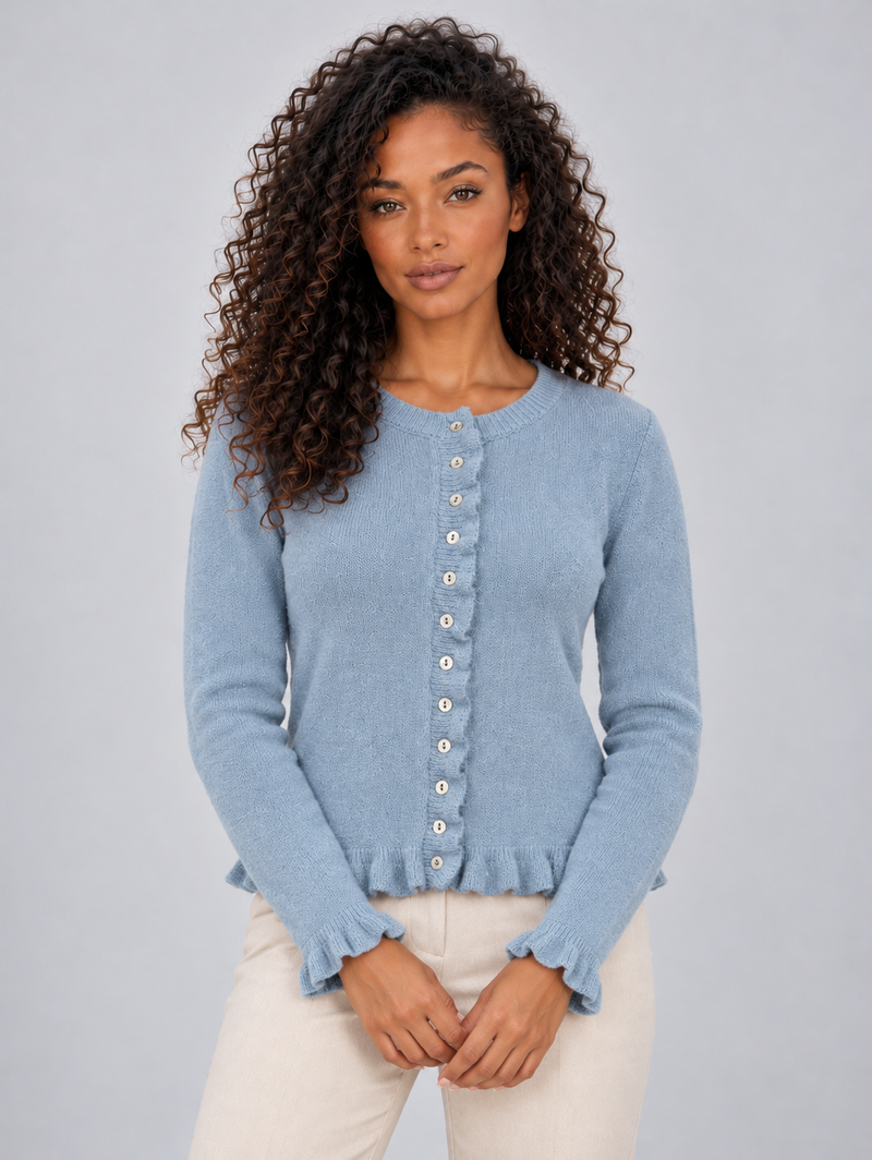 Women’s Button Front Knitted Cardigan – Round Neck Ruffle Hem Jumper