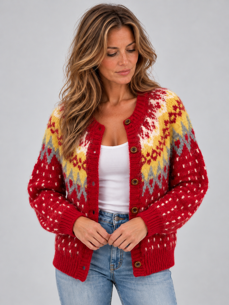 Women’s Fair Isle Knitted Cardigan – Fluffy Button Up Winter Jumper