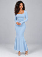 Women’s Square Neck Ruched Maxi Dress – Long Sleeve Evening Gown