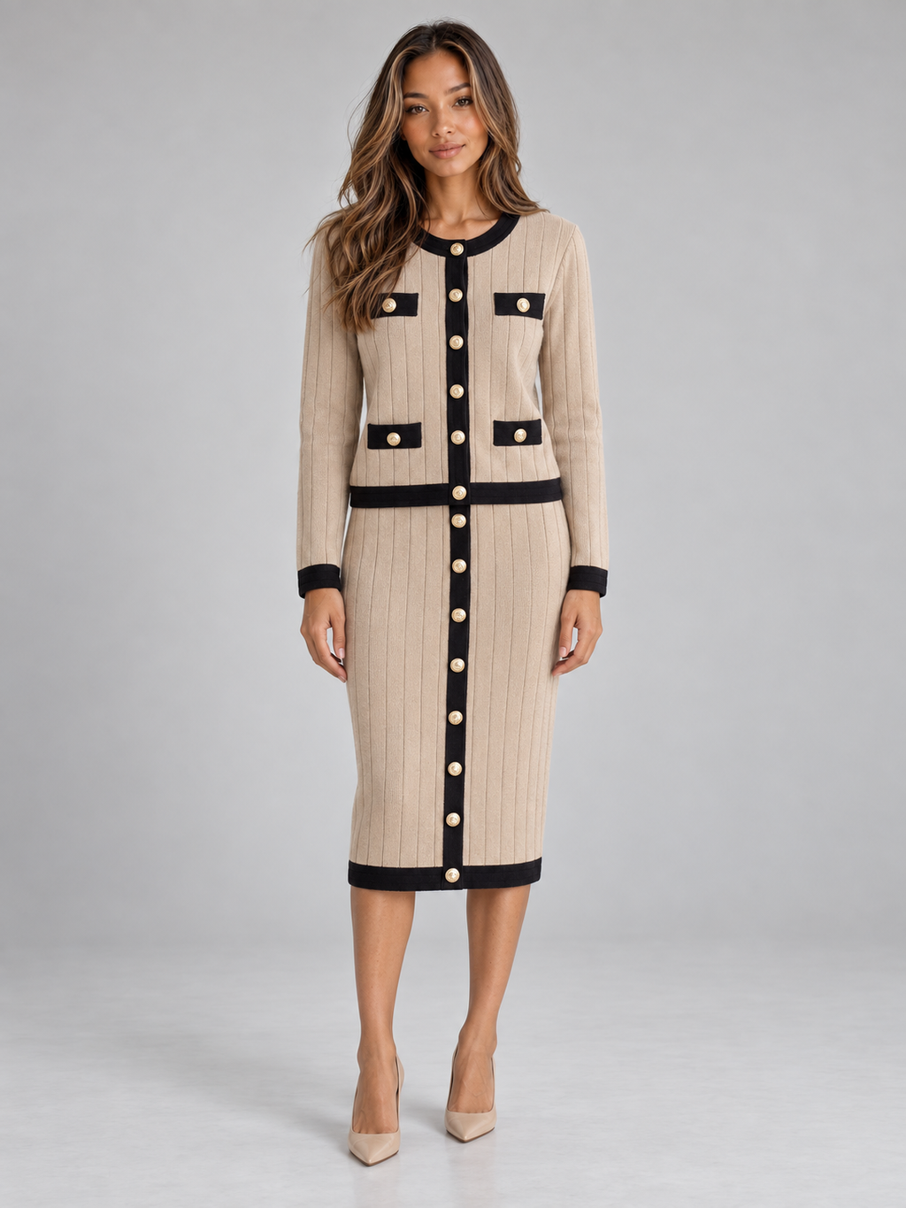 Women’s Knitted Cardigan & Midi Skirt Co-Ord Set – Two-Piece Winter Outfit