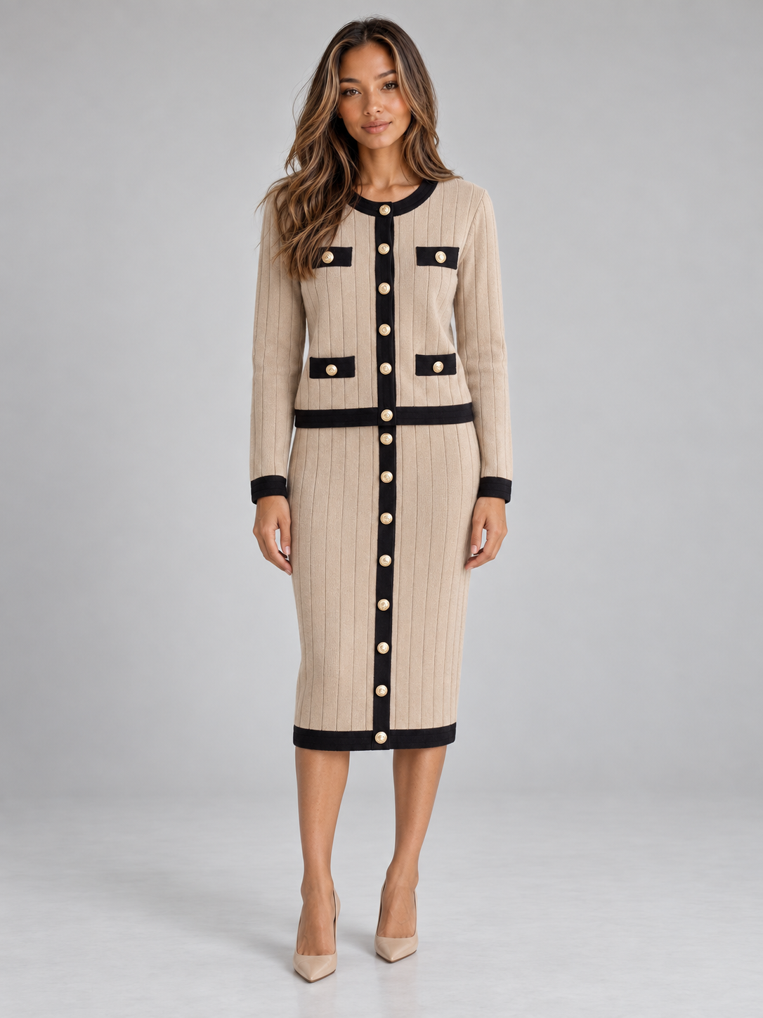 Women’s Knitted Cardigan & Midi Skirt Co-Ord Set – Two-Piece Winter Outfit