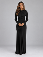 Women’s Ruched Maxi Dress – Long Sleeve Draped Evening Gown