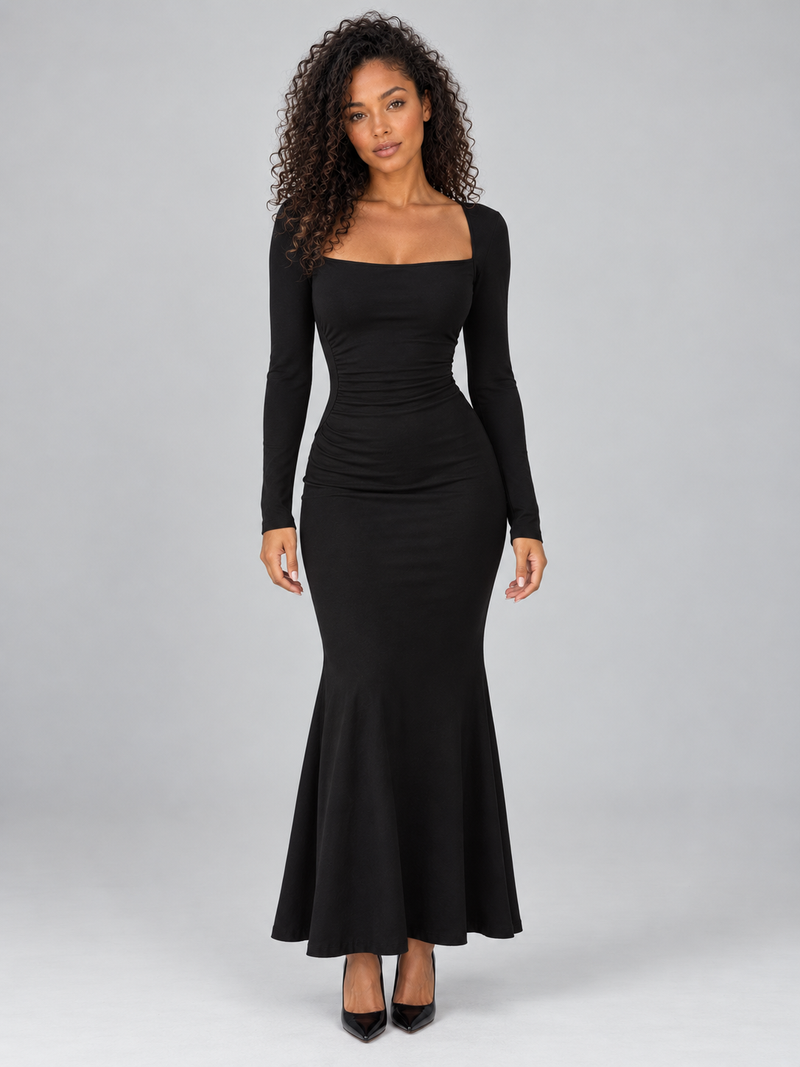 Women’s Square Neck Ruched Maxi Dress – Long Sleeve Evening Gown