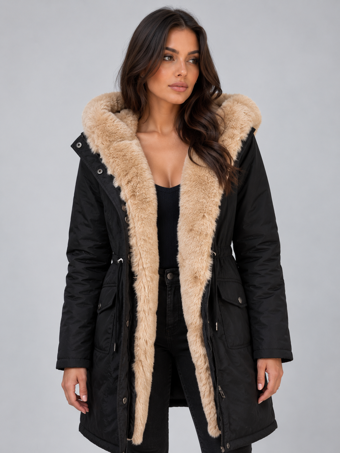 Women’s Faux Fur Lined Hooded Parka – Drawstring Waist Winter Coat