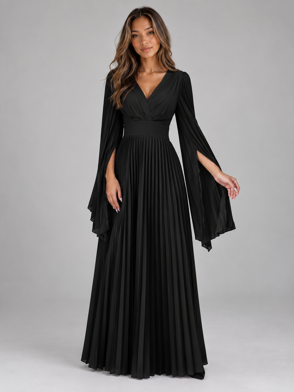 Women’s Pleated Maxi Dress – V-Neck Cape Sleeve Evening Gown