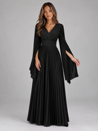 Women’s Pleated Maxi Dress – V-Neck Cape Sleeve Evening Gown