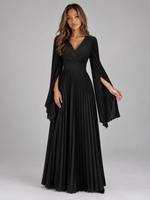 Women’s Pleated Maxi Dress – V-Neck Cape Sleeve Evening Gown