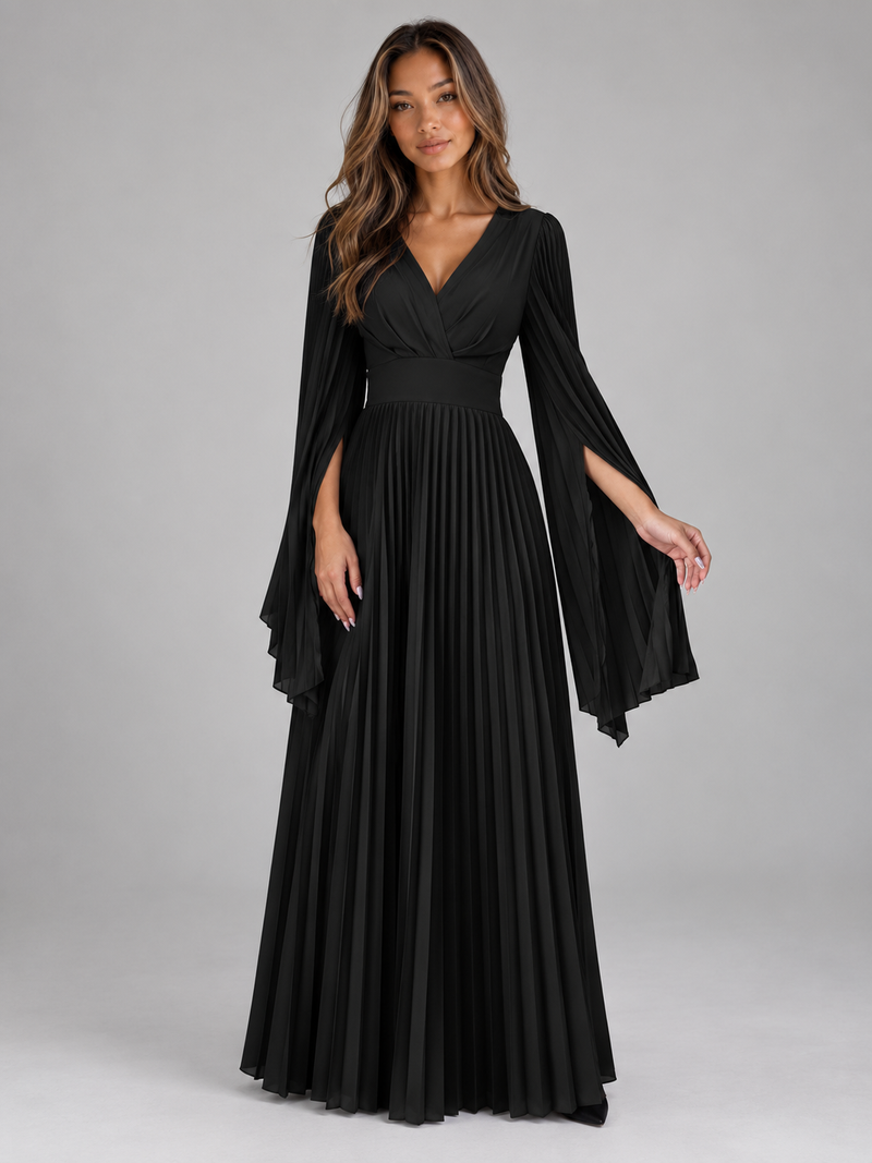 Women’s Pleated Maxi Dress – V-Neck Cape Sleeve Evening Gown