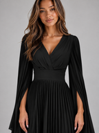 Women’s Pleated Maxi Dress – V-Neck Cape Sleeve Evening Gown