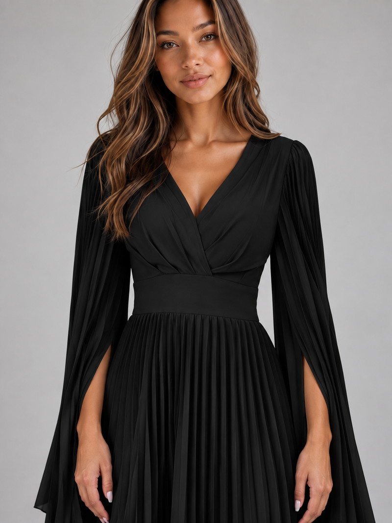 Women’s Pleated Maxi Dress – V-Neck Cape Sleeve Evening Gown