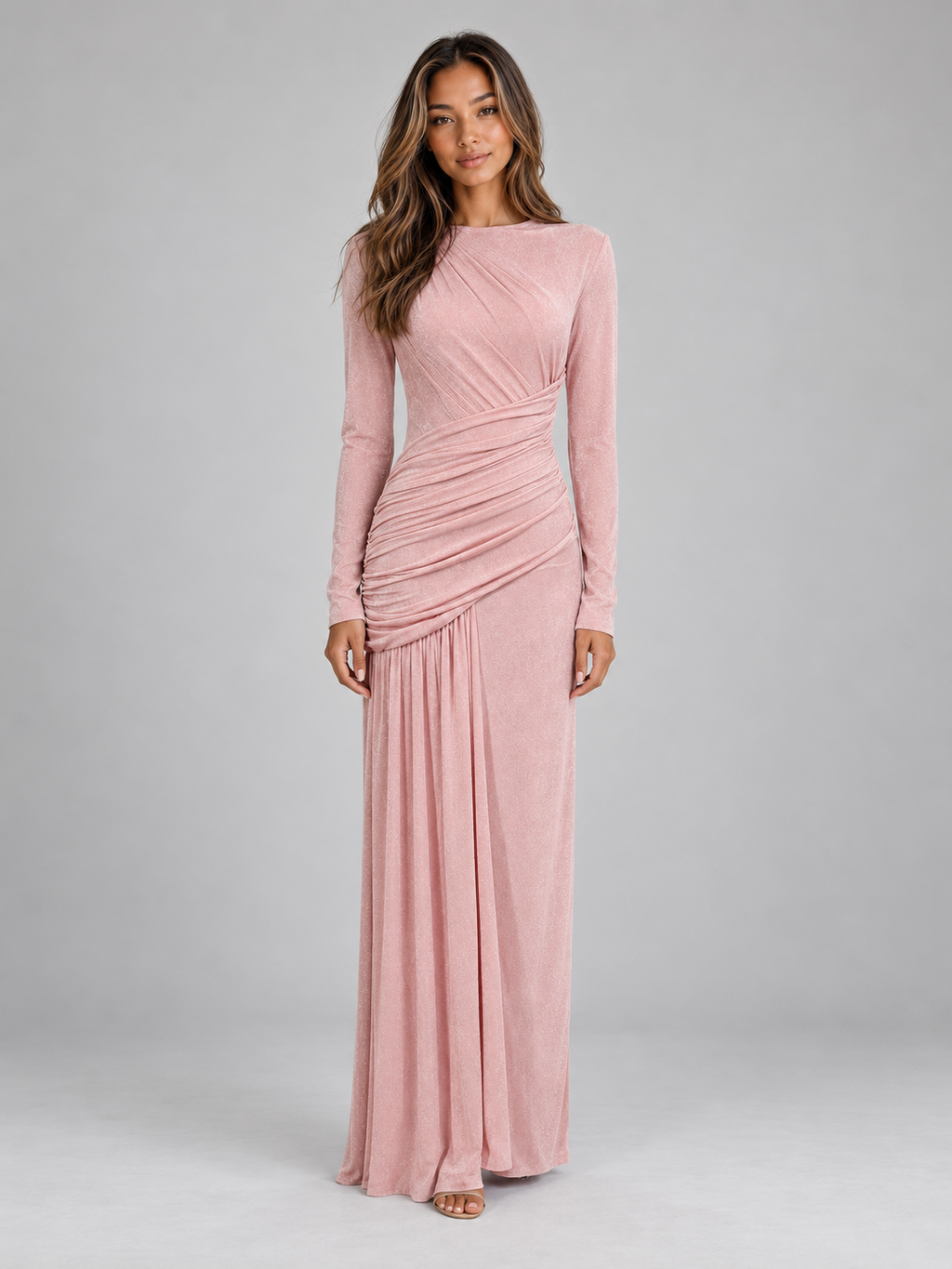 Women’s Ruched Maxi Dress – Long Sleeve Draped Evening Gown