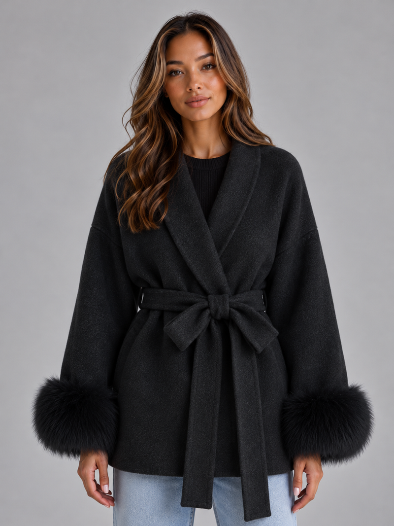 Women's Belted Wool Blend Coat – Faux Fur Trim Wrap Coat