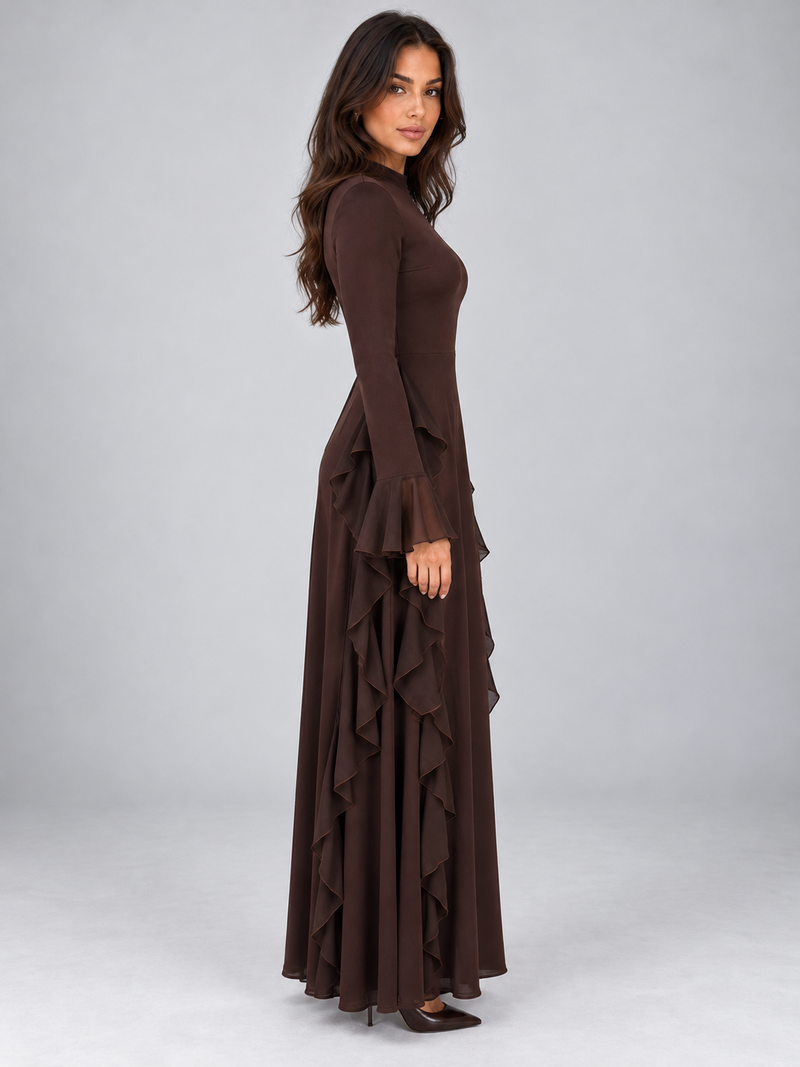 Women’s Ruffle Maxi Dress – High Neck Long Sleeve Evening Gown