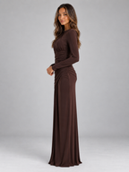 Women’s Ruched Maxi Dress – Long Sleeve Draped Evening Gown