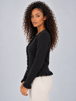 Women’s Button Front Knitted Cardigan – Round Neck Ruffle Hem Jumper