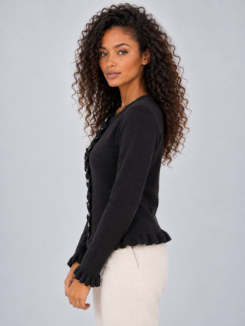 Women’s Button Front Knitted Cardigan – Round Neck Ruffle Hem Jumper