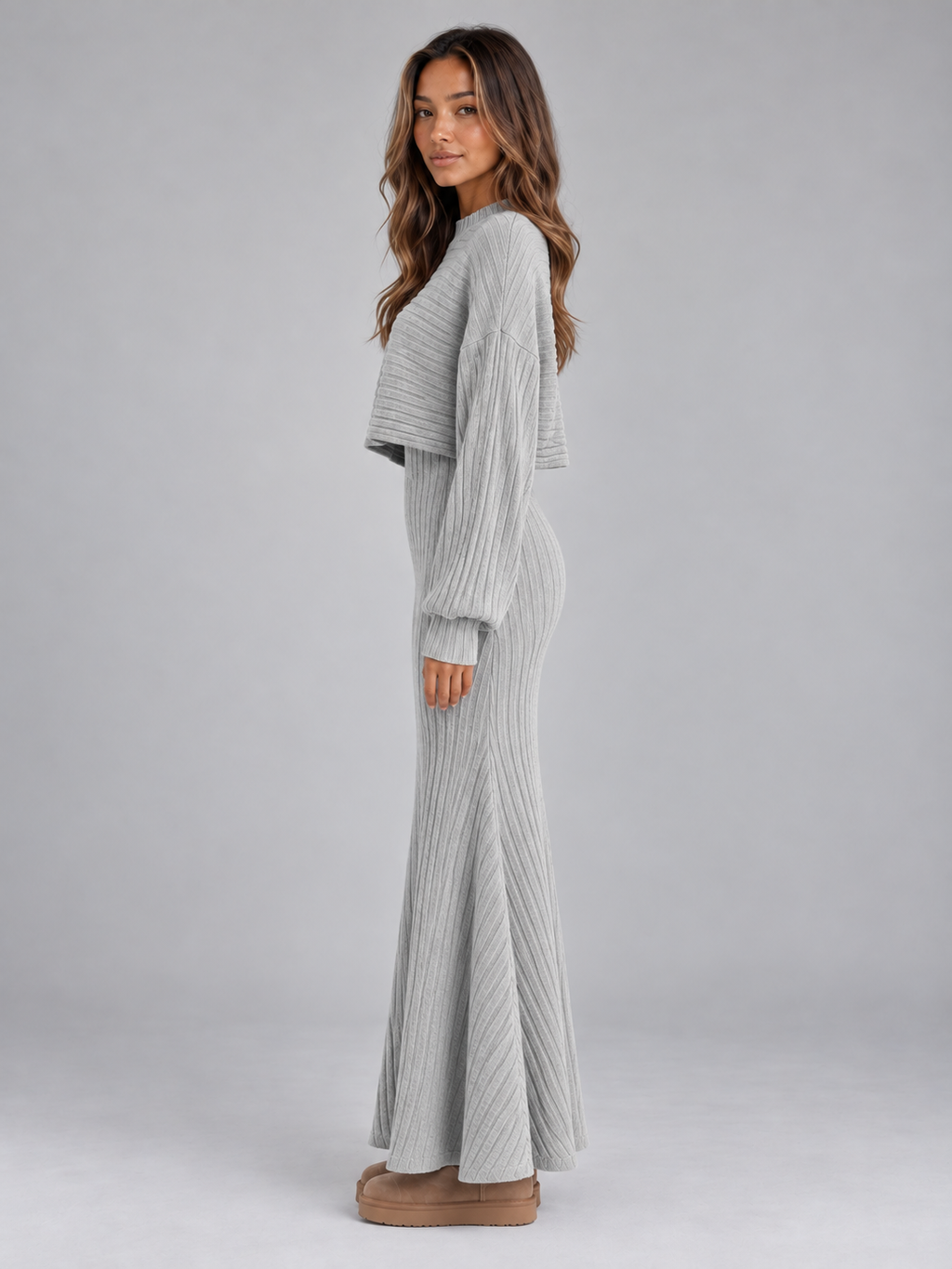 Women’s Ribbed Knit Co-Ord Set – Cropped Jumper & Maxi Skirt