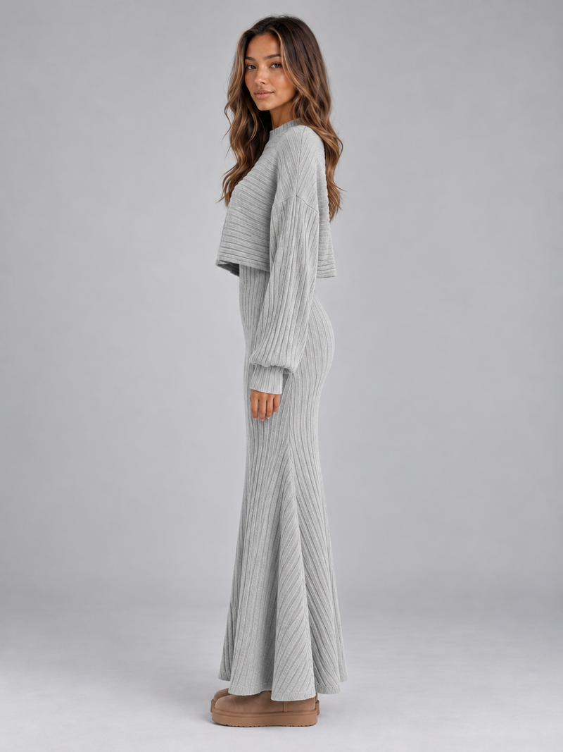 Women’s Ribbed Knit Co-Ord Set – Cropped Jumper & Maxi Skirt