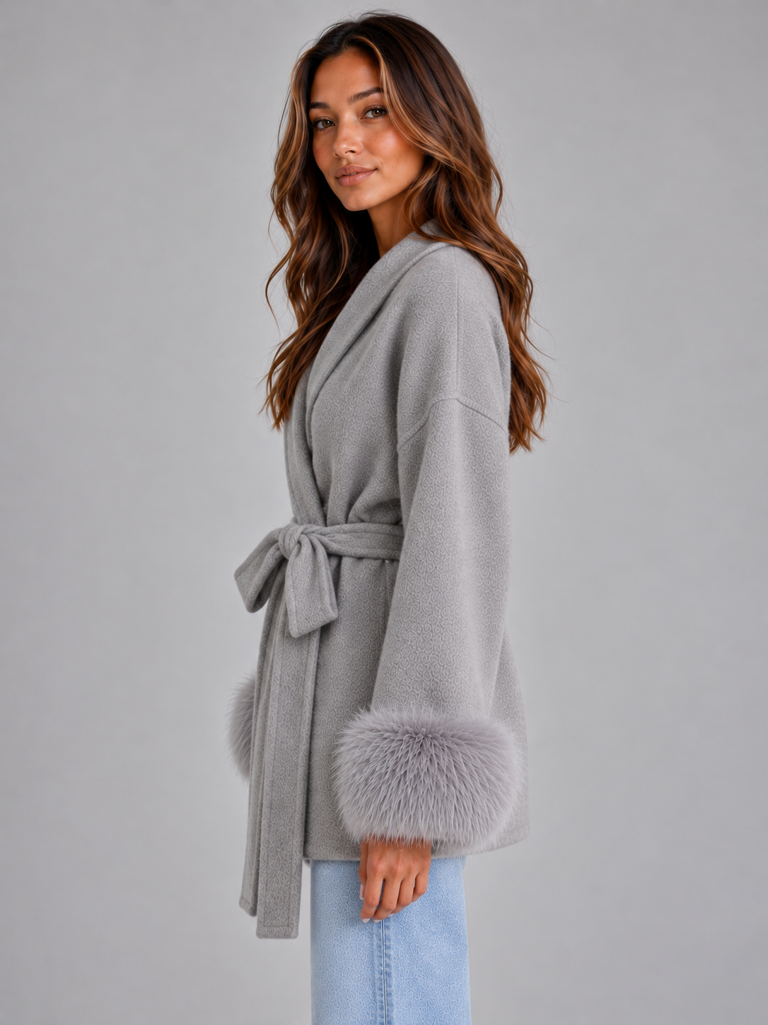 Women's Belted Wool Blend Coat – Faux Fur Trim Wrap Coat