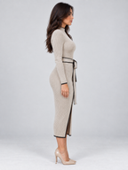 Women’s Ribbed Knit Midi Dress – High Neck Belted Jumper Dress