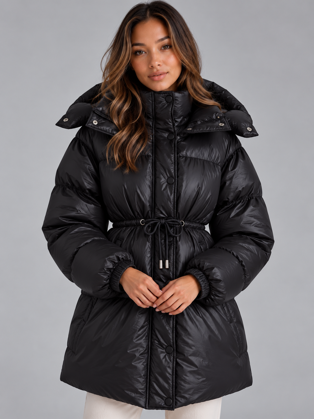 Women’s Hooded Puffer Coat – Padded Drawstring Waist