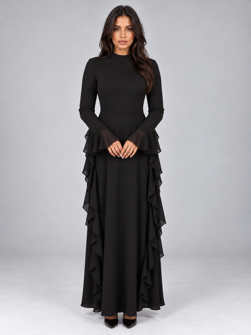 Women’s Ruffle Maxi Dress – High Neck Long Sleeve Evening Gown