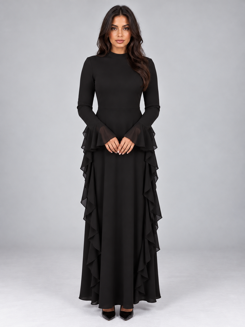 Women’s Ruffle Maxi Dress – High Neck Long Sleeve Evening Gown